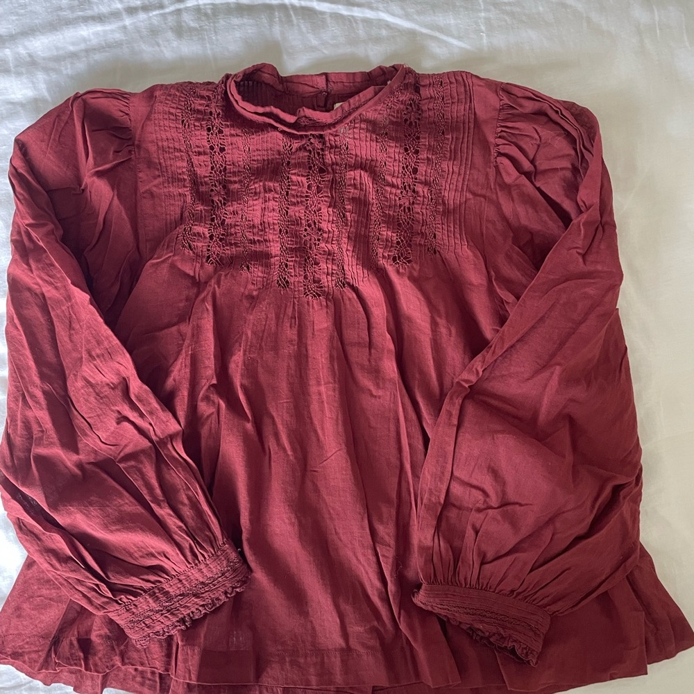 Doen Red Smocked Long-Sleeve Blouse